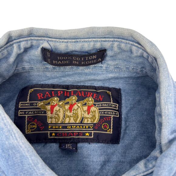 Vintage Ralph Lauren Chaps 15 32-33 Blue Denim Long Sleeve Button Down Shirt - Picture 2 of 4
